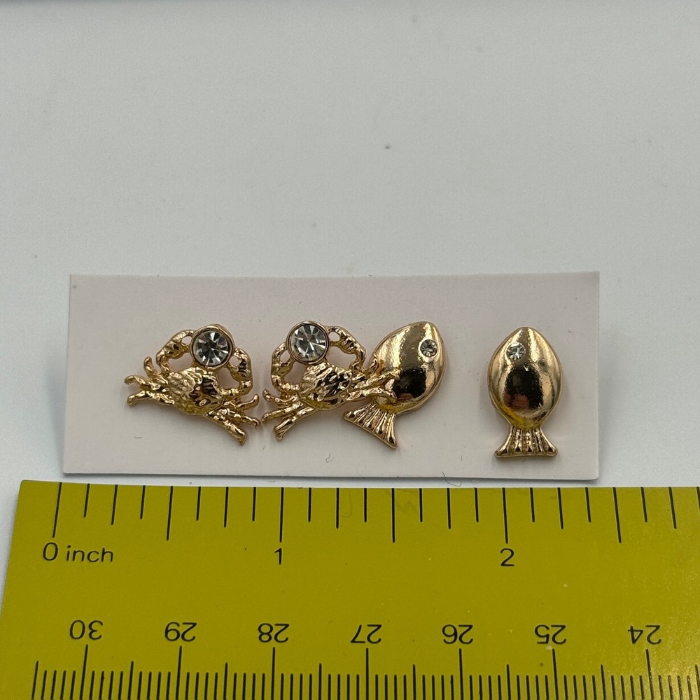 Gold Tone Crab‎ and Fish Rhinestone Stud Earring Set Nautical Coastal Jewelry